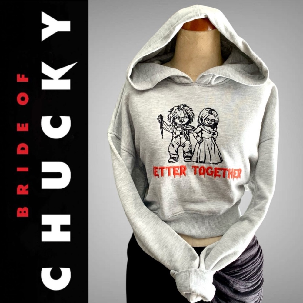 Gray embroidered 'Bride of Chucky' long sleeve fleece hoodie- XS